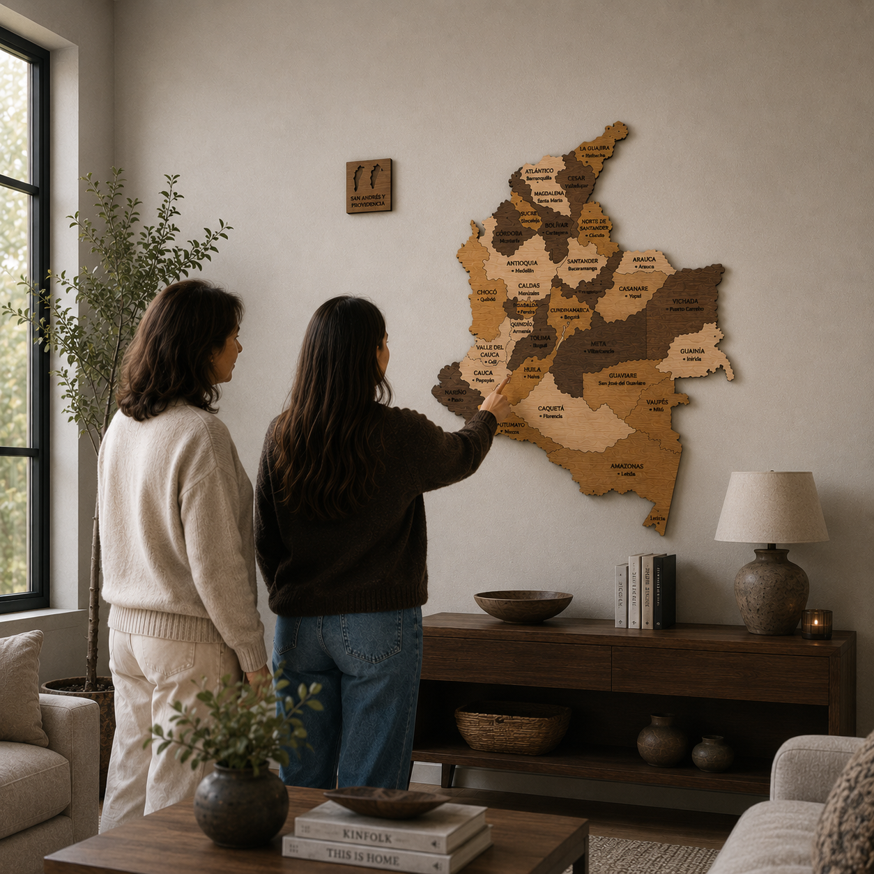 Two women looking at a wooden map of Colombia on a wall in a living room.