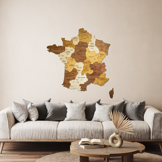 A 3D wooden map of France mounted on a wall above a beige sofa with throw pillows, a coffee table, and a decorative item.
