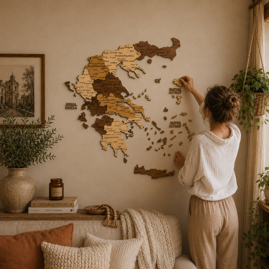 Woman adjusting a wooden Greece map on a wall in a cozy living room.