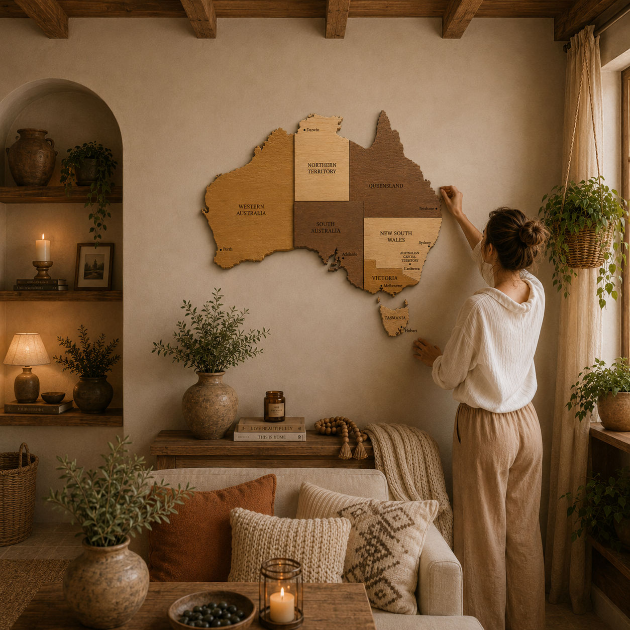 Woman adjusting a wooden map of Australia on a wall in a cozy living room.