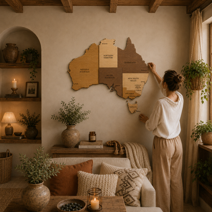 Woman adjusting a wooden map of Australia on a wall in a cozy living room.