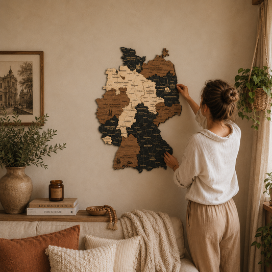 Woman adjusting a wooden map of Germany on a wall in a cozy living room.