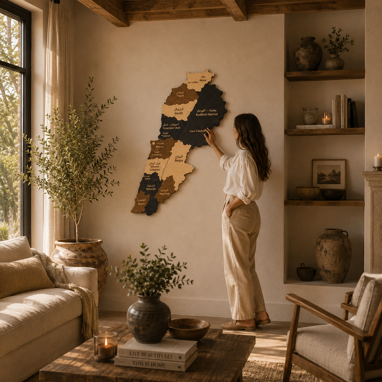 Woman adjusting a wooden map of lebanon on a wall in a cozy living room.