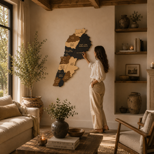 Woman adjusting a wooden map of lebanon on a wall in a cozy living room.