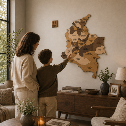 Woman and child looking at a wooden map of Colombia on a wall in a cozy living room.