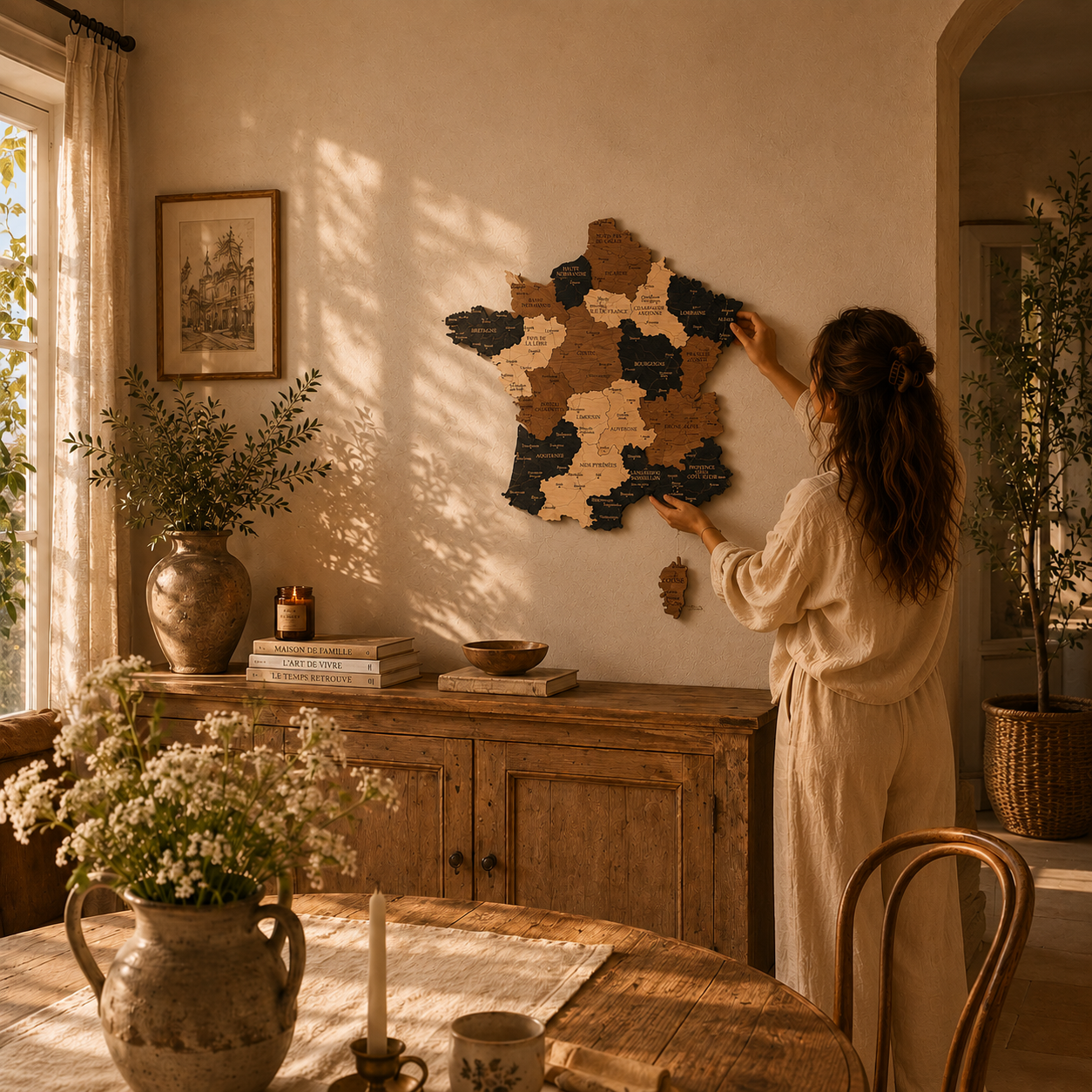 Woman arranging a 3D wooden map of france, sunlit room.