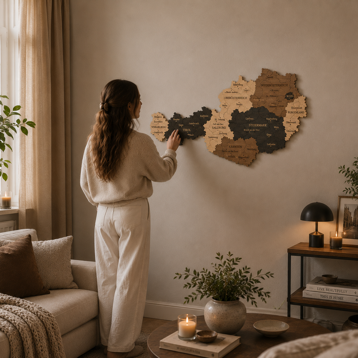 Woman arranging a wooden map of Austria on a wall in a cozy living room.