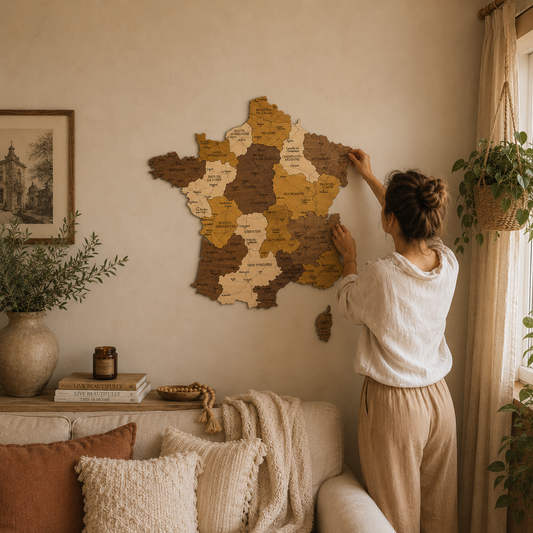 Woman arranging a wooden map of France on a wall in a cozy living room.