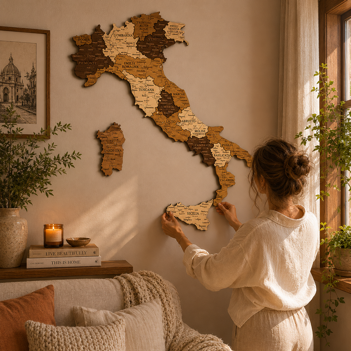 Woman arranging a wooden map of Italy on a wall in a cozy living room.