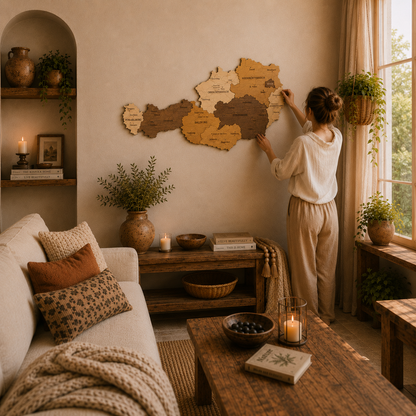 Woman arranging wooden map pieces of Austria Map in 3D on a wall in a cozy living room.