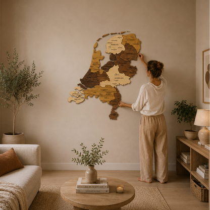 Woman arranging wooden puzzle pieces of netherlands on a wall in a cozy living room.