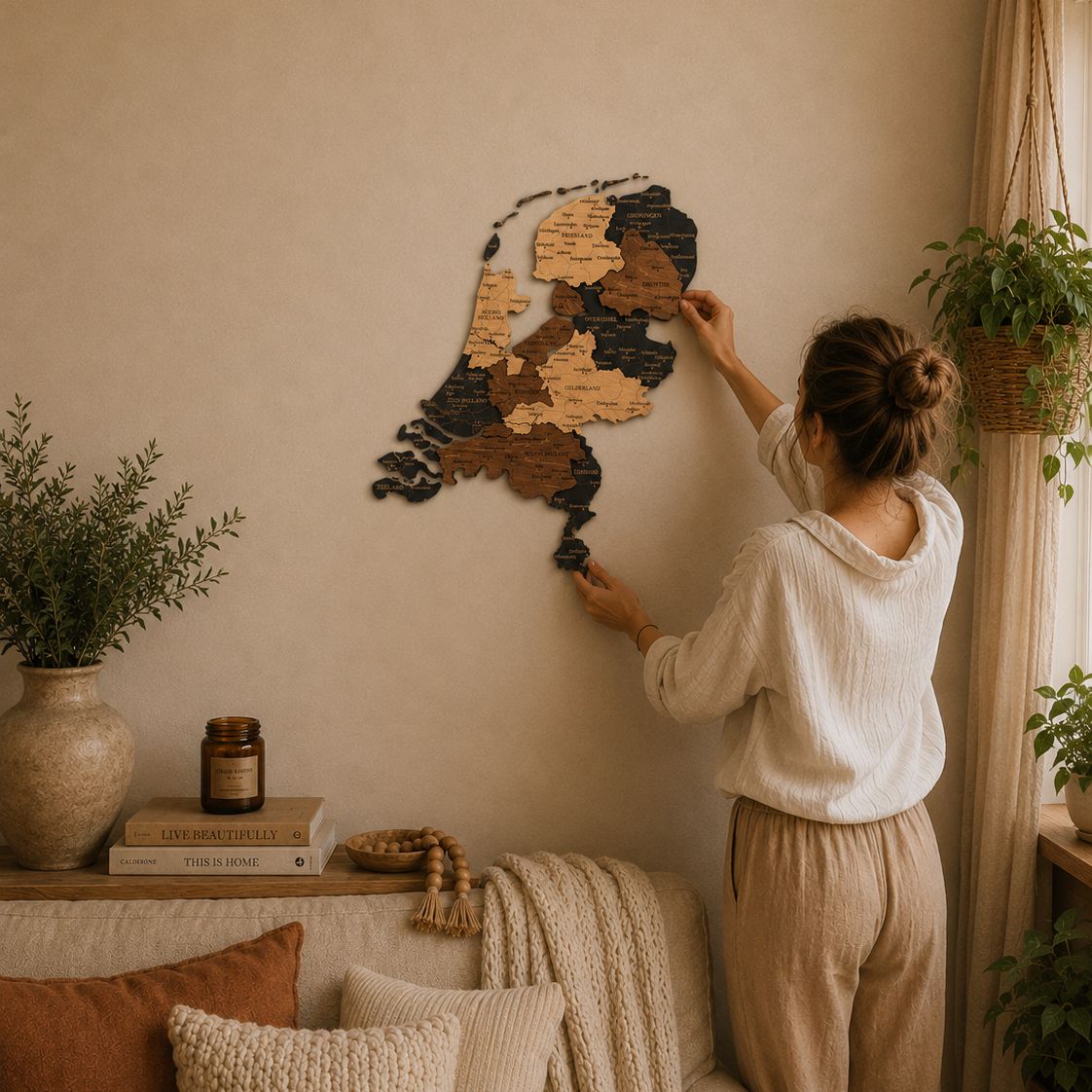 Woman arranging wooden puzzle pieces of wooden map of Netherlands on a wall in a cozy living room.