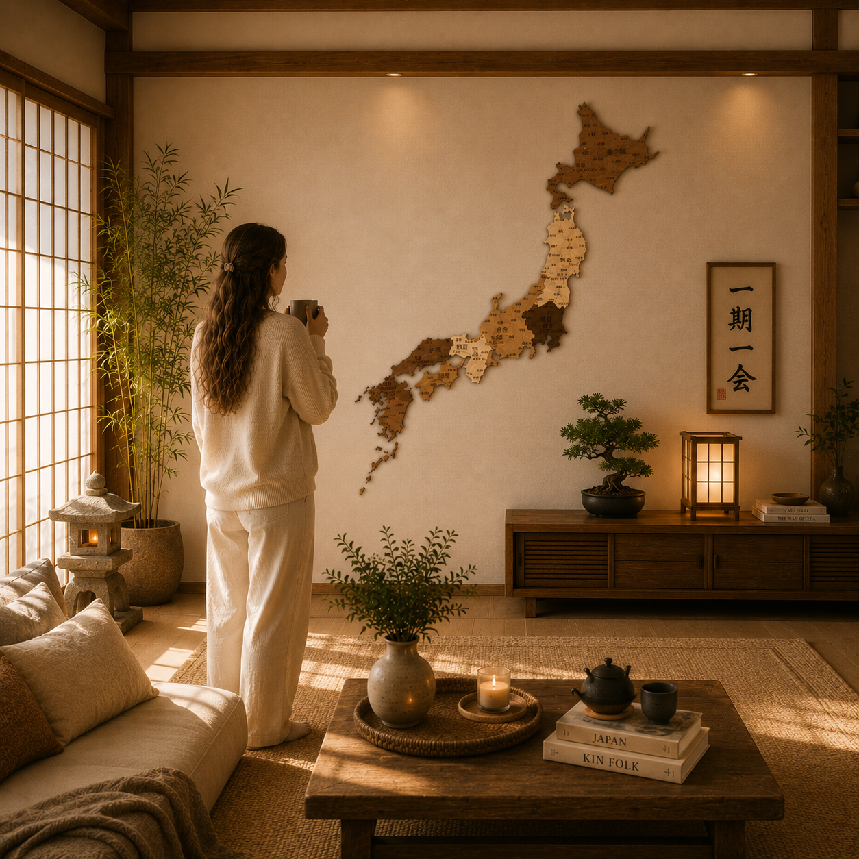 Woman in a cozy living room with a wooden map of Japan on the wall.