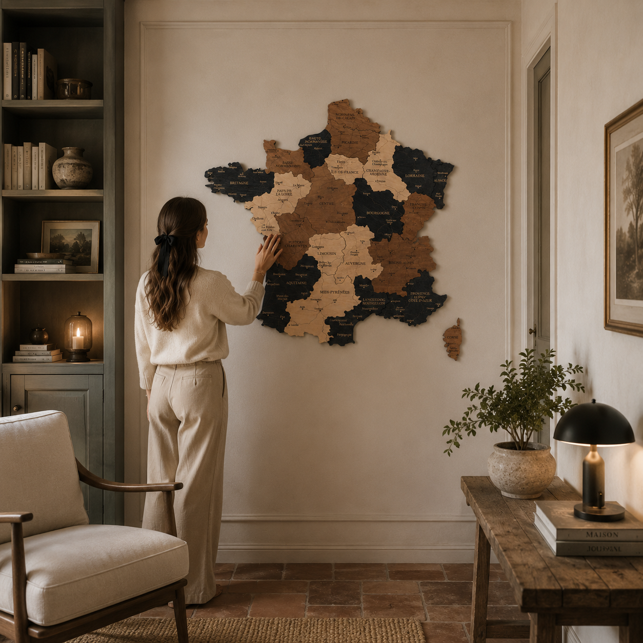 Woman interacting with a wall-mounted wooden map of France in a cozy room.