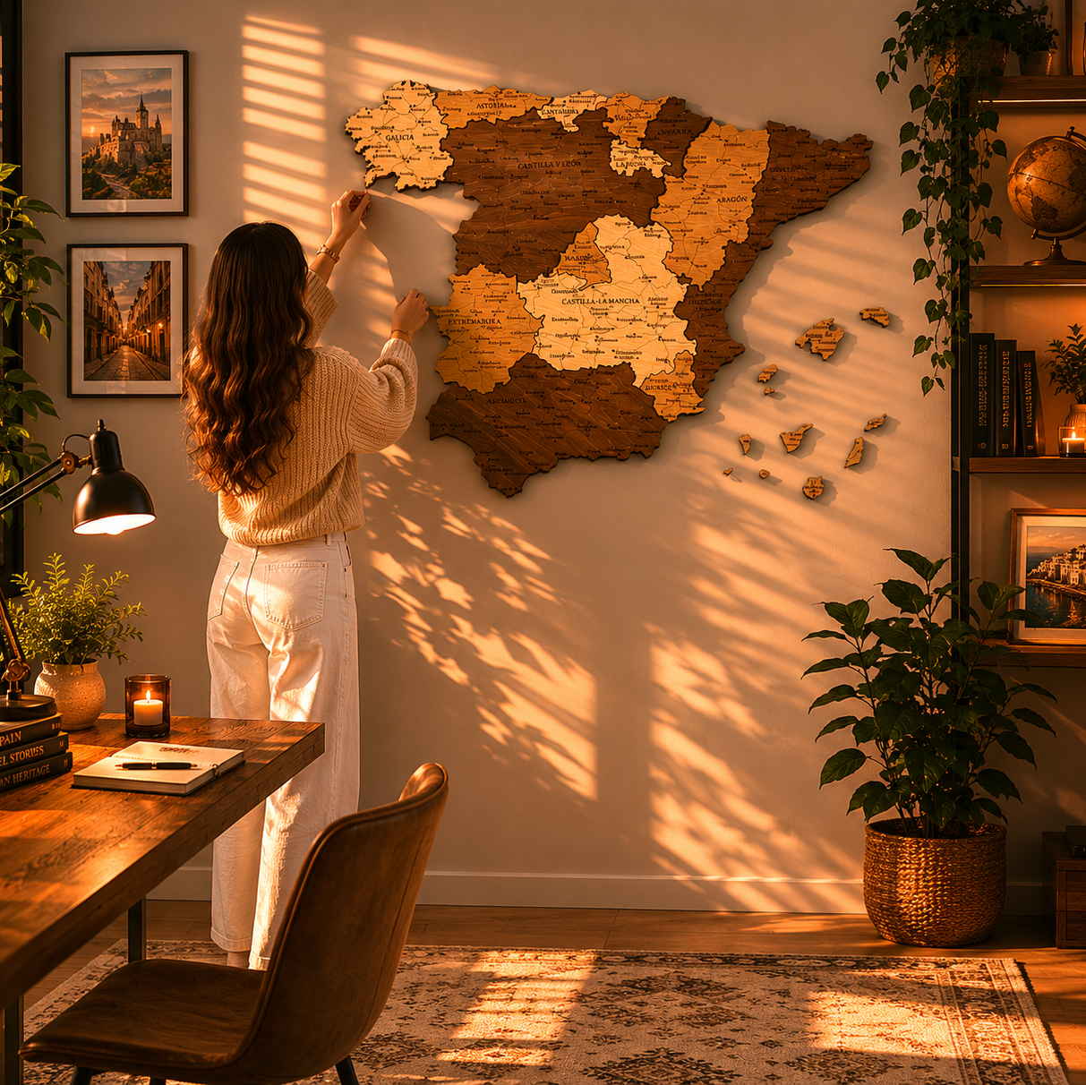 Woman interacting with a wooden wall map of spain in a cozy room with plants and decor.