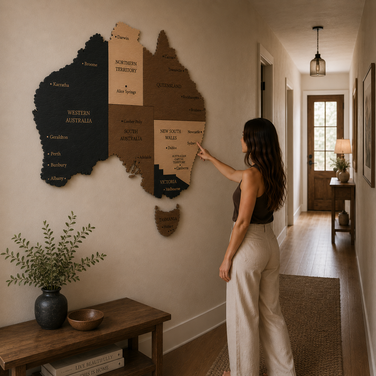 Woman pointing at a wall-mounted map of Australia in a home setting