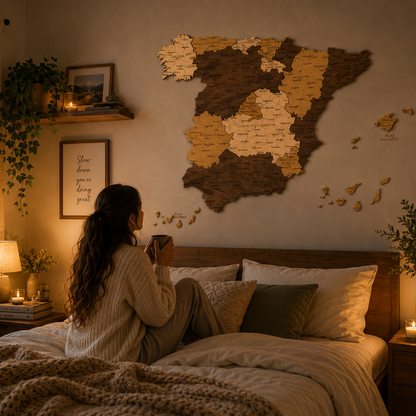 Woman sitting on a bed in a cozy bedroom with a map of Spain on the wall.