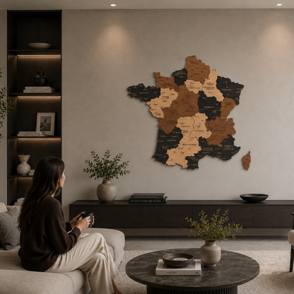 Woman sitting on a couch in a modern living room with a decorative wall map of France.