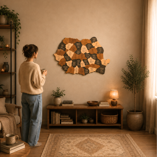 Woman standing in a cozy living room looking at a decorative wall art piece of Romania.