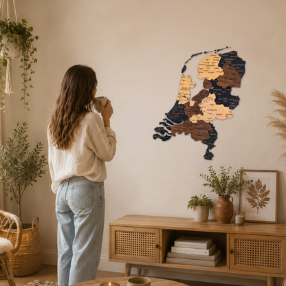 Woman standing in a cozy living room looking at a wooden wall map of netherlands.
