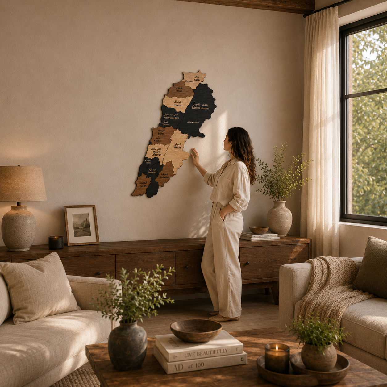 Woman standing in a cozy living room with a decorative wall map of lebanon
