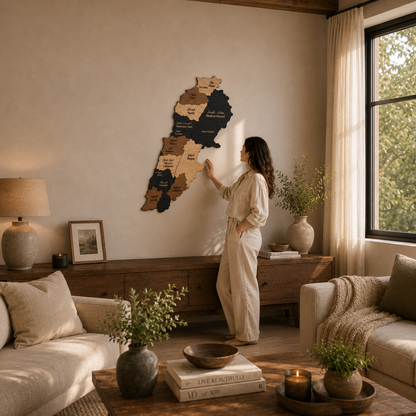 Woman standing in a cozy living room with a decorative wall map of lebanon