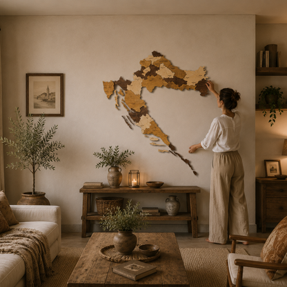Woman standing in a cozy living room with a wall map of Croatia.
