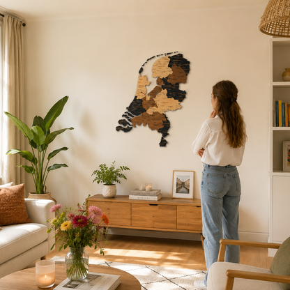 Woman standing in a living room looking at a wall art piece of amsterdam