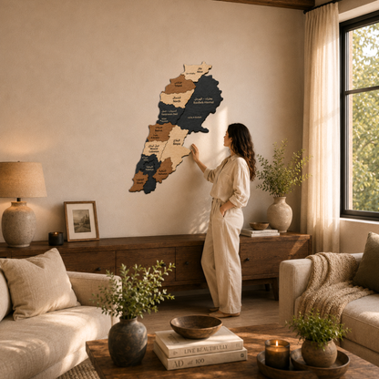 Woman standing in a living room with a decorative wall map of beirut