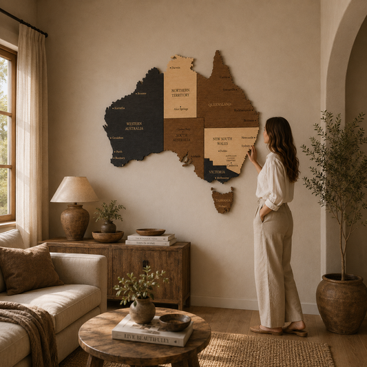 Woman standing in a living room with a wooden map of Australia on the wall.