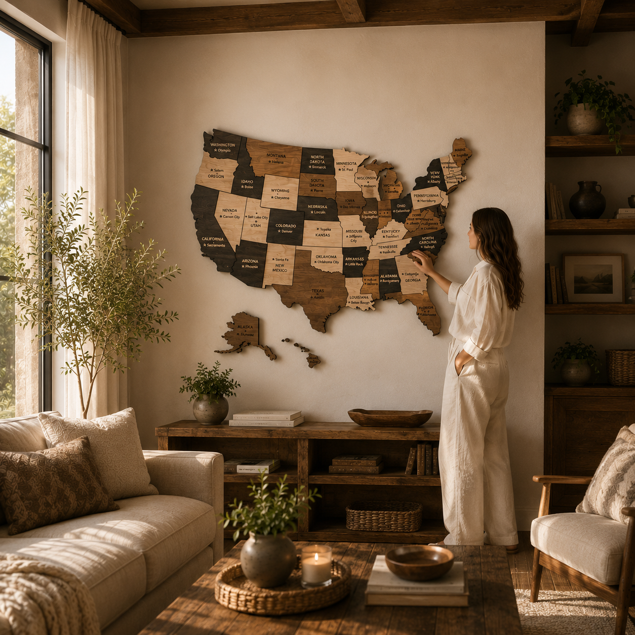 Woman standing in a living room with a wooden map of the United States on the wall.