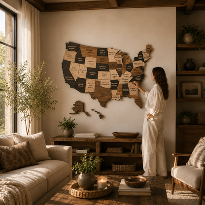 Woman standing in a living room with a wooden map of the United States on the wall.