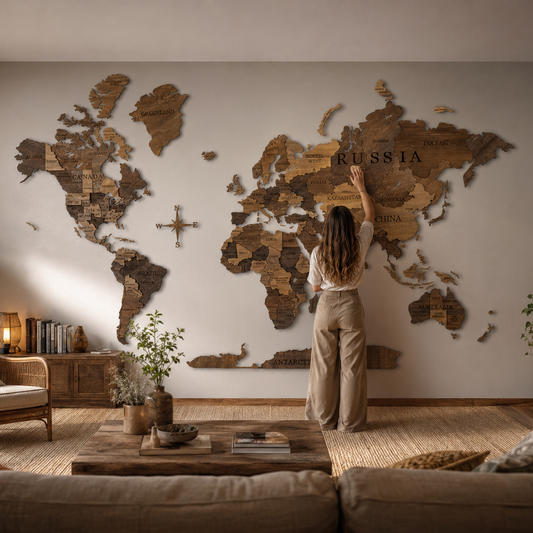 Woman standing in a living room with a wooden world map on the wall.