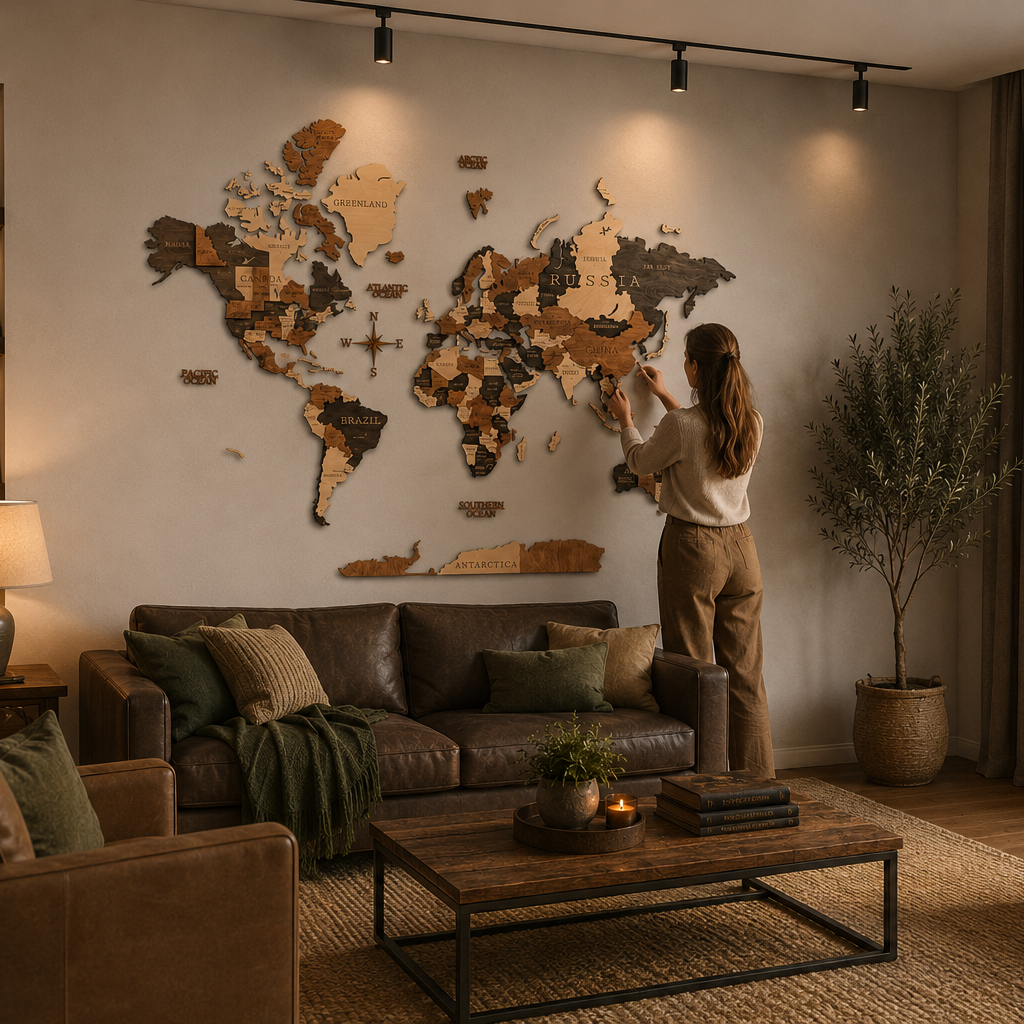 Woman standing in a living room with a world map on the wall