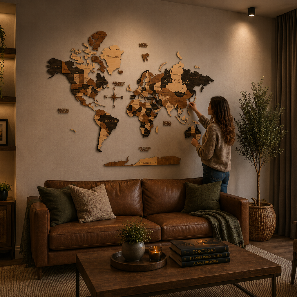 Woman standing in a living room with a world map on the wall, surrounded by furniture and decor.