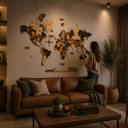 Woman standing in a living room with a world map on the wall, surrounded by furniture and decor.