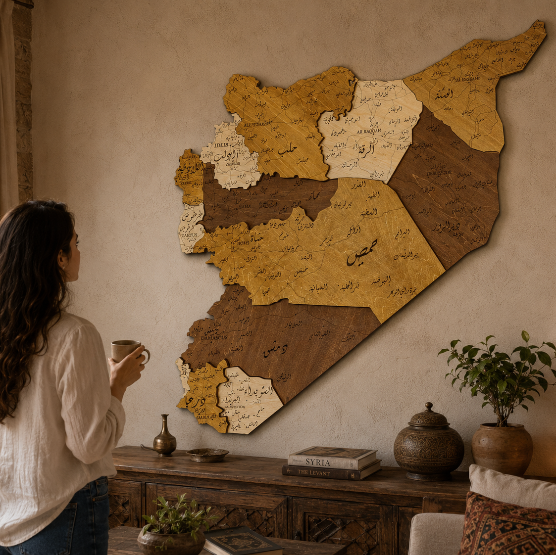 Woman standing in a room with a large wooden map of syria on the wall, holding a cup.