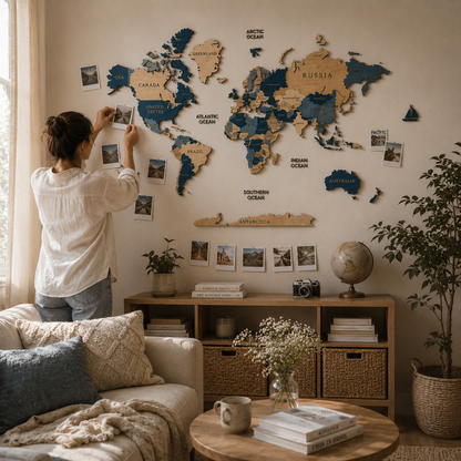 Woman taking a photo of a world map on a wall in a cozy living room.