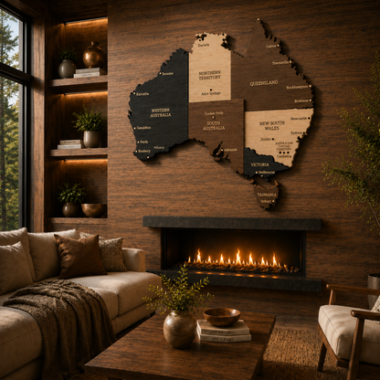 Wooden map of Australia on a wall in a cozy living room with a fireplace.