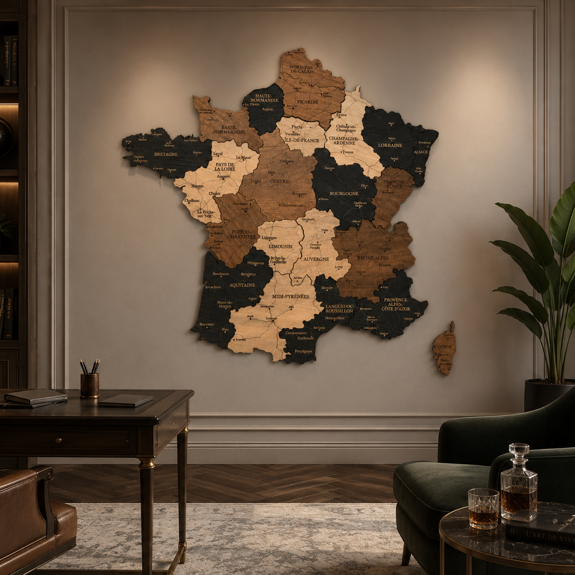 Wooden map of France on a wall in a stylish room with furniture and decor.