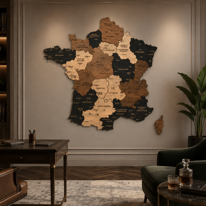 Wooden map of France on a wall in a stylish room with furniture and decor.