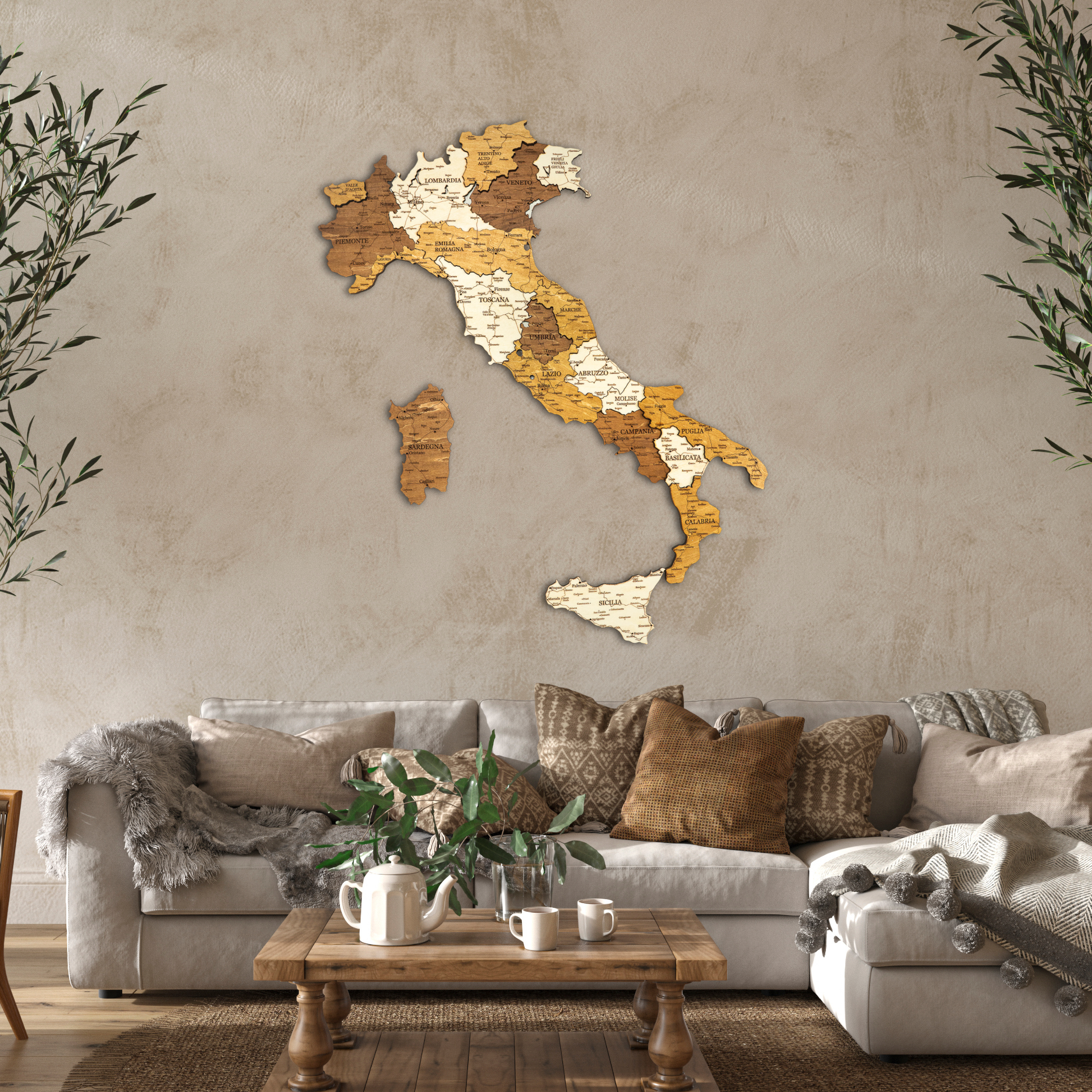 Wooden map of Italy on a wall above a living room with a sofa and coffee table.