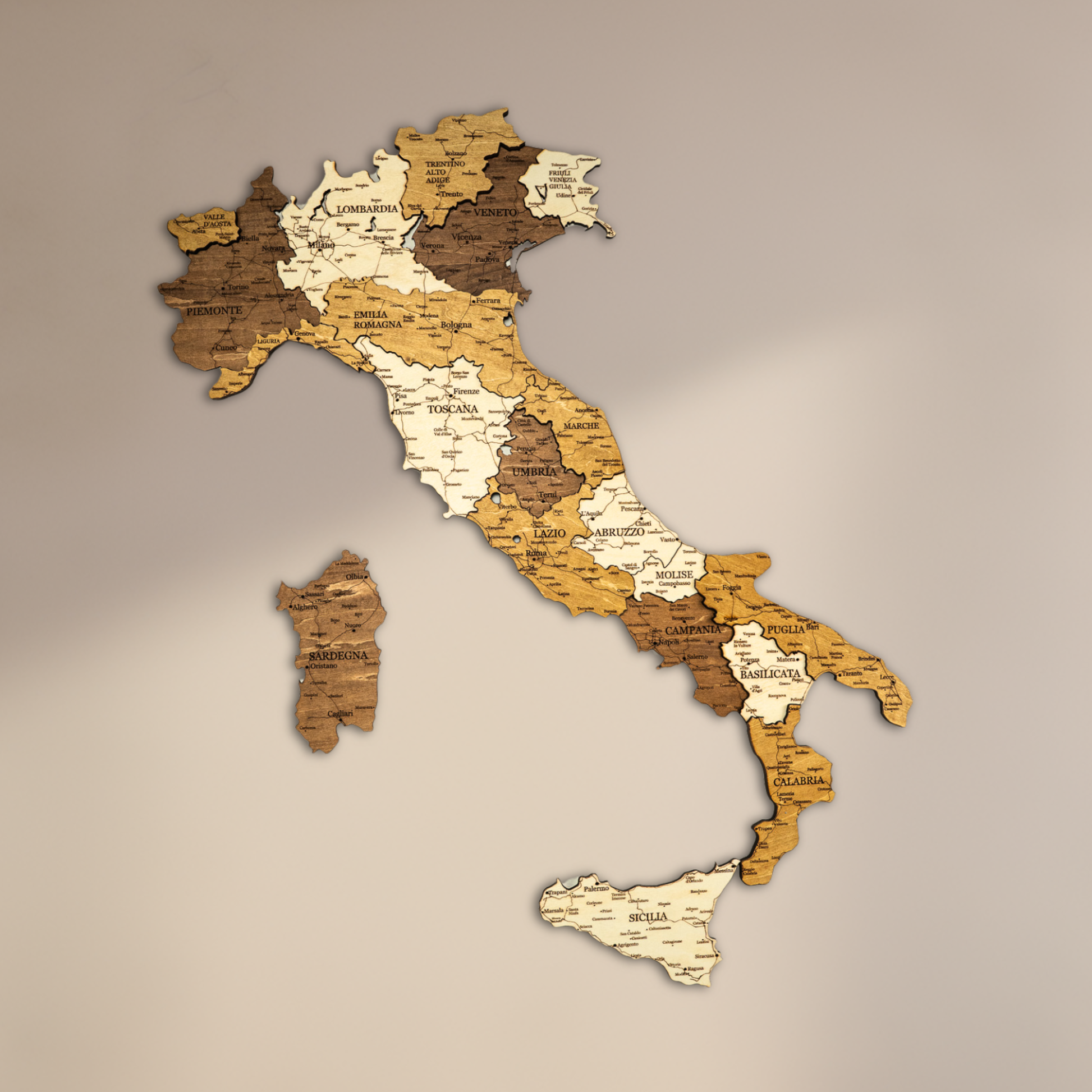 Wooden map of Italy on a beige background