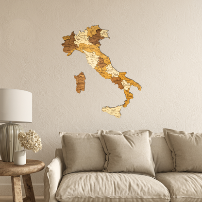 Wooden map of Italy on a wall above a beige sofa in a living room.