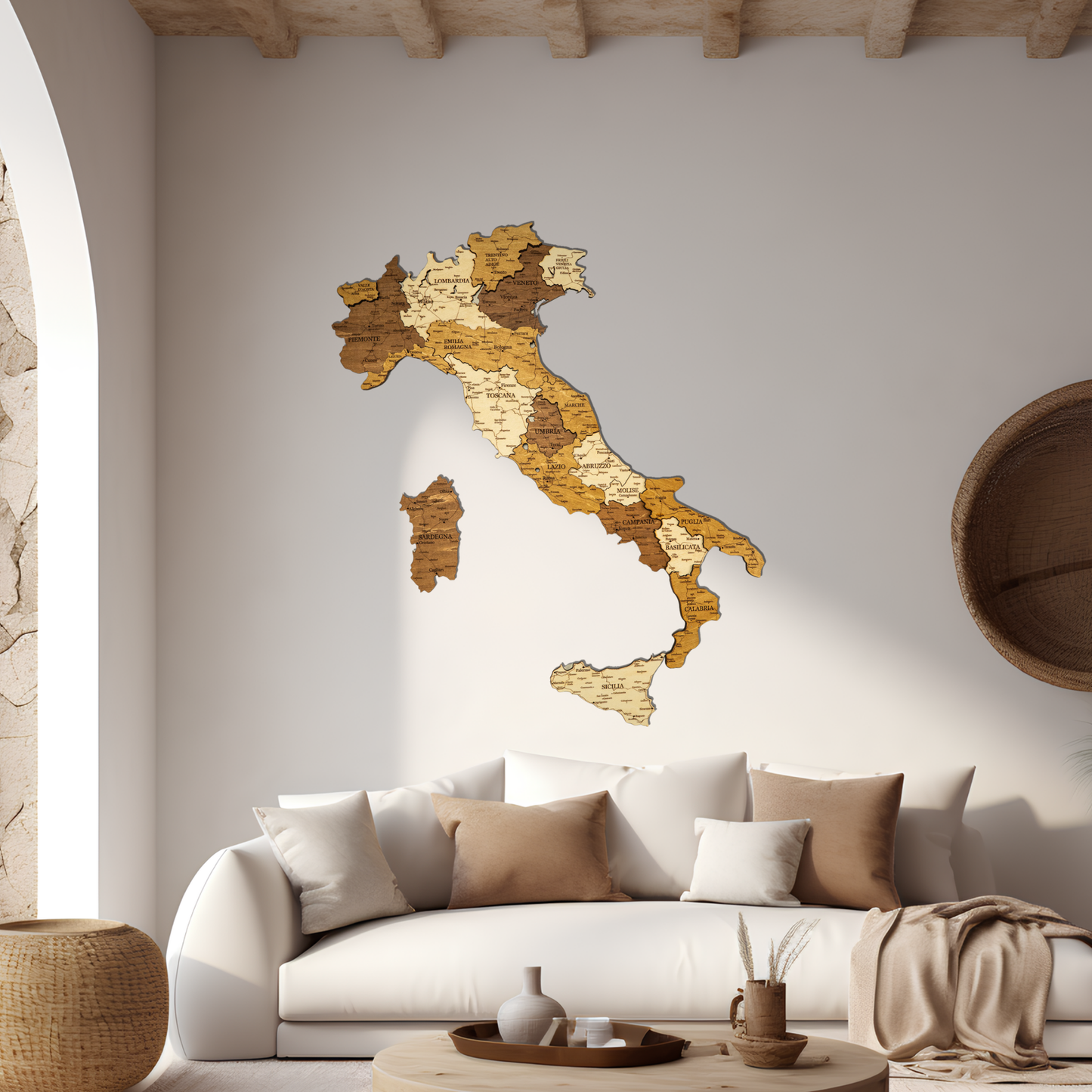 Wooden map of Italy on a wall above a sofa in a living room.