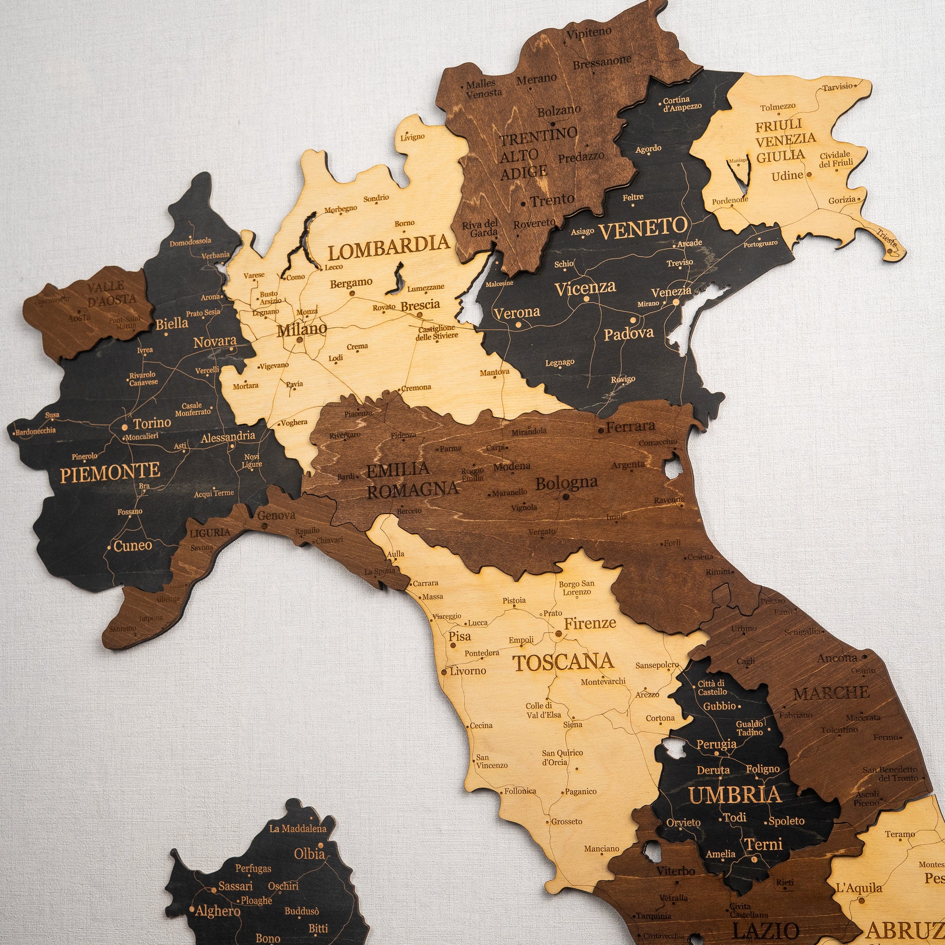 Wooden map of Italy with regions labeled on a white background