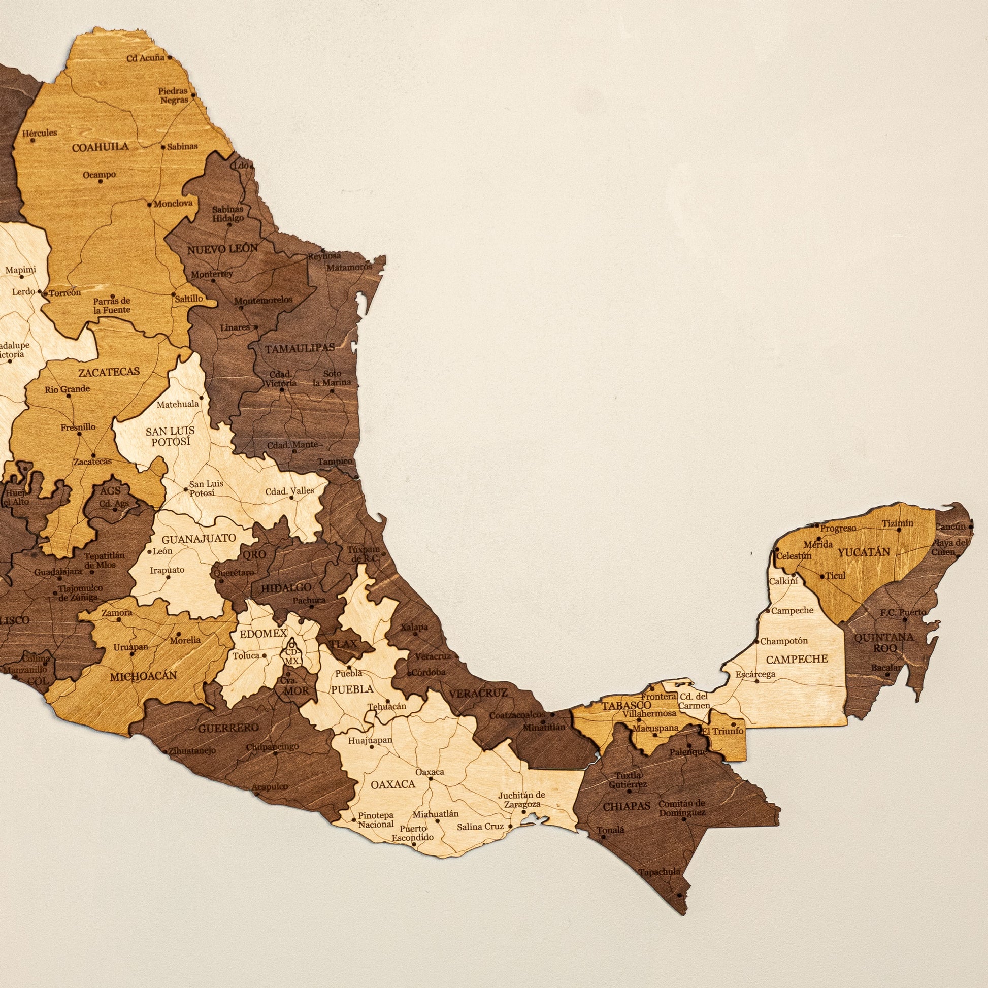 Wooden map of Mexico with different wood tones