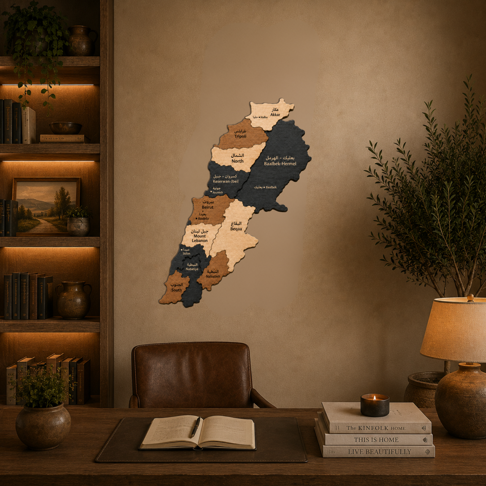 Wooden map of lebanon on a wall in a cozy room with a desk and books.