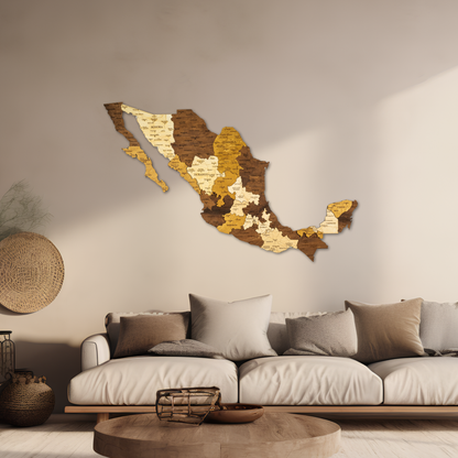 Wooden map of mexico on a beige wall above a sofa.