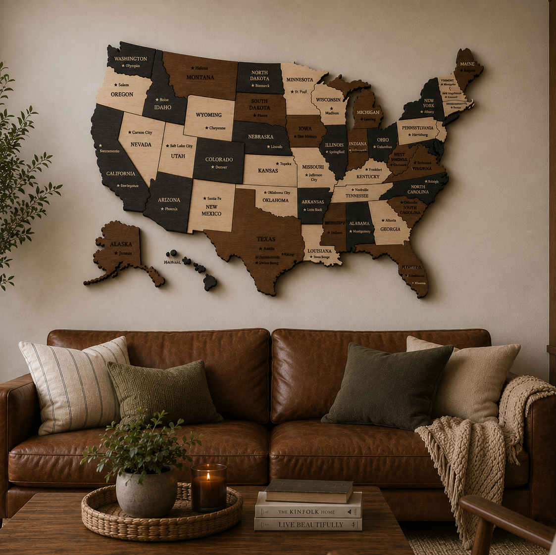 Wooden map of the United States on a wall above a brown leather sofa in a living room.